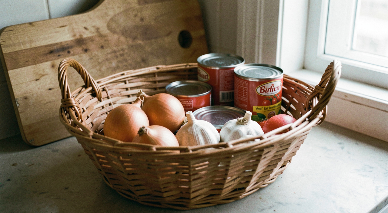 A wicker basket on a worktop holding onions, a head of garlic and four tins of tomatoes, a wooden board behind, morning light from a window on the right, close shot at an angle