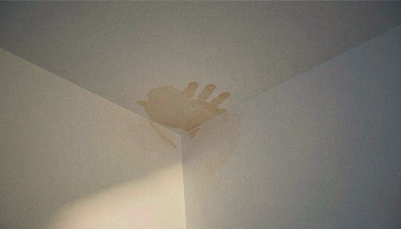 A pale brown stain the size of a hand in the corner of a white bedroom ceiling where two walls meet, torch beam raking across it, dim evening light, shot looking upward