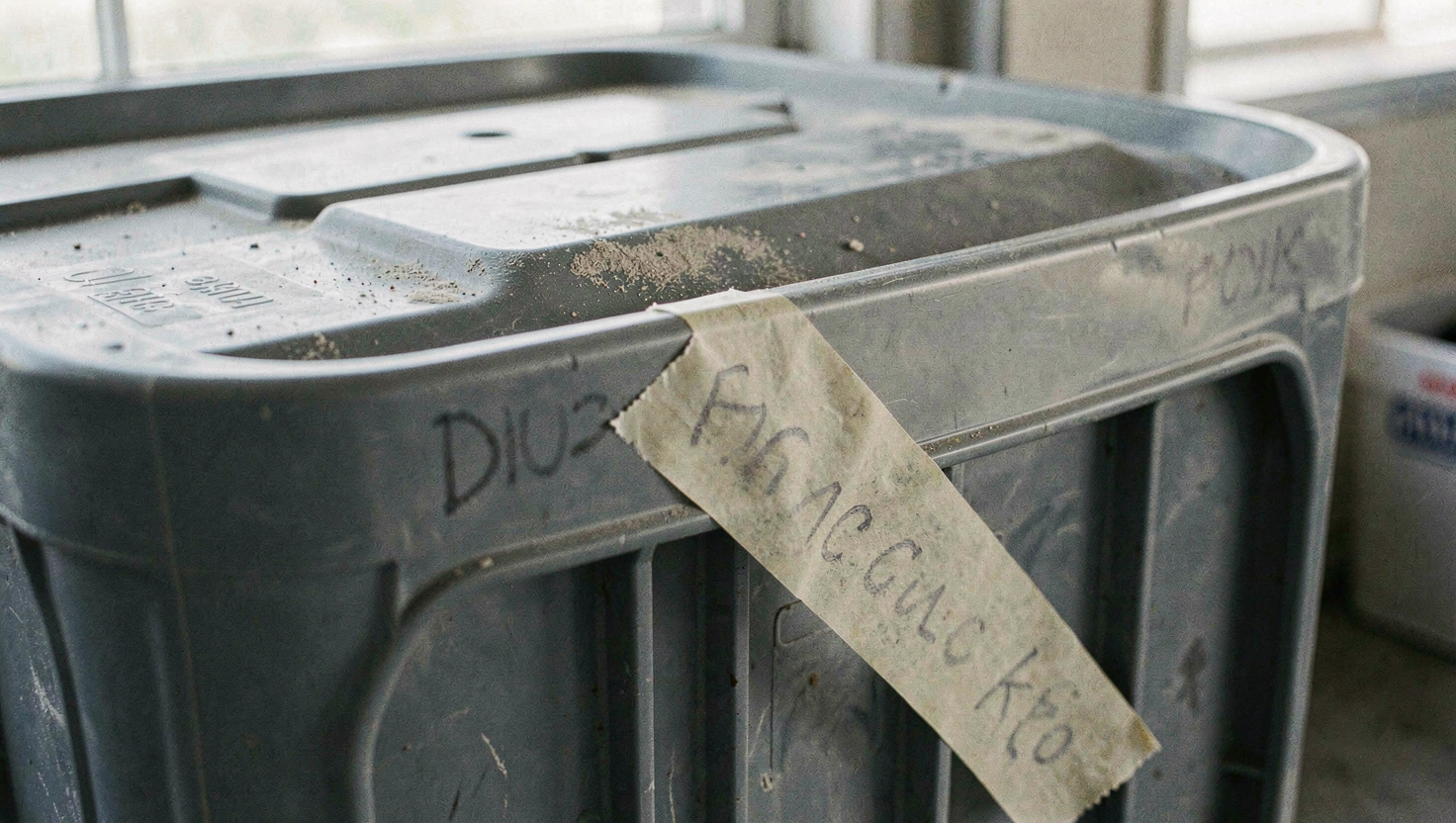 A curling strip of masking tape peeling away from a cold plastic crate, the writing on it faded to grey, dust on the crate lid, cold light from a garage window, tight close shot