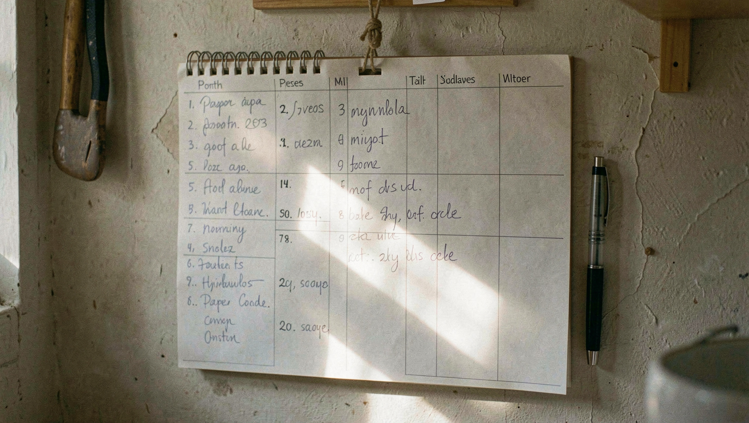 A month to view paper planner on a kitchen wall with several days written on in pencil in different hands, a pen hanging from a string, late morning light across the paper, shot straight on and close