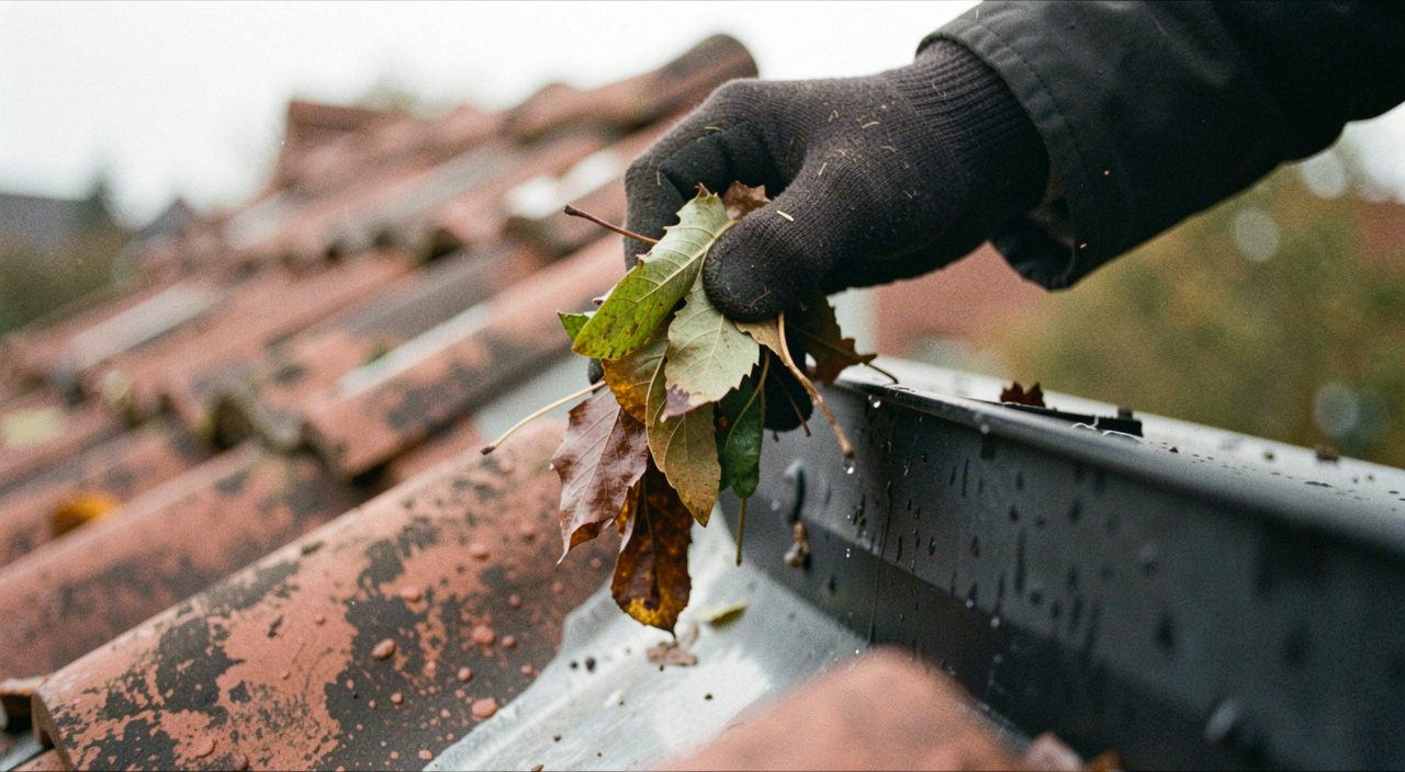 A gloved hand lifting a clump of wet leaves out of a black plastic gutter at the top of a ladder, tiled roof edge in view, overcast autumn light, close shot along the gutter run