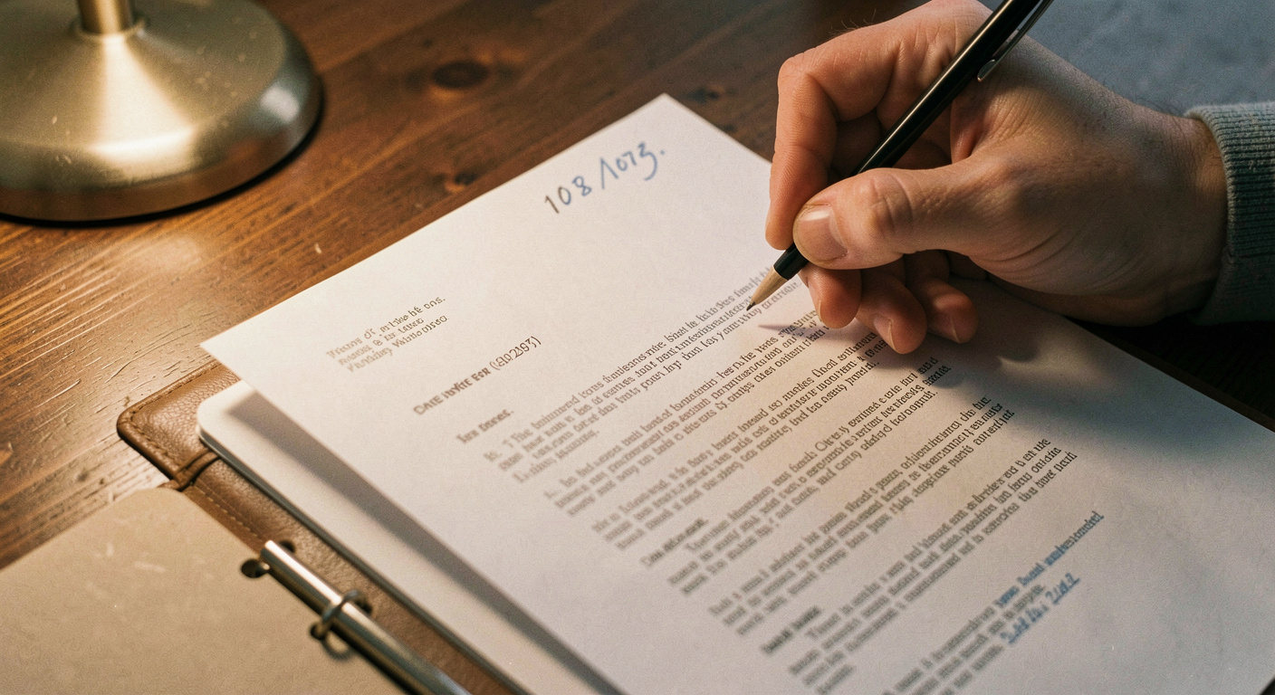 A hand writing a date in pencil in the top corner of a printed letter held flat on a wooden desk, an open folder underneath, warm lamp light from the left, tight close shot