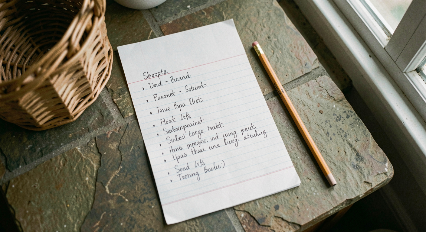 A handwritten shopping list on lined paper resting on a stone worktop next to a wicker basket and a pencil, morning light from a window on the right, shot from above at a slight angle