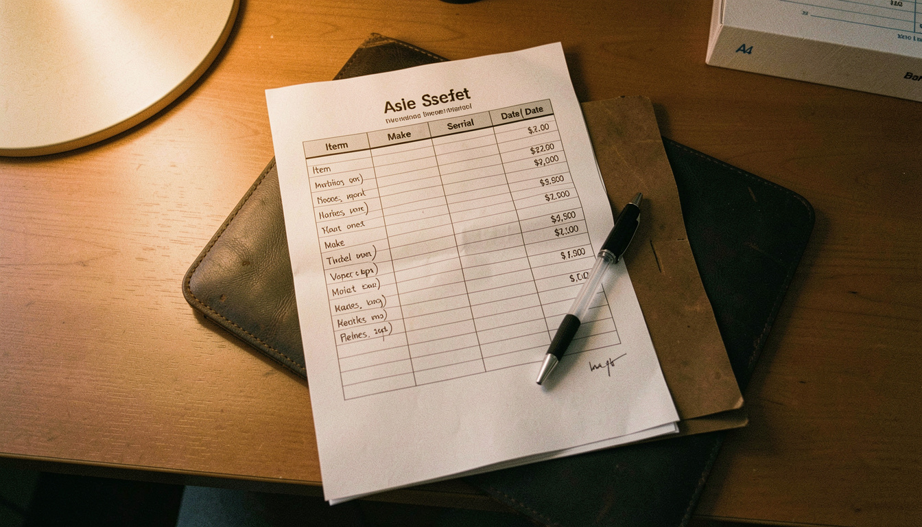 A ruled A4 sheet on a table filled in by hand with five columns of item, make, serial, date and price, a pen resting on it and a folder underneath, warm lamp light from the left, photographed from above