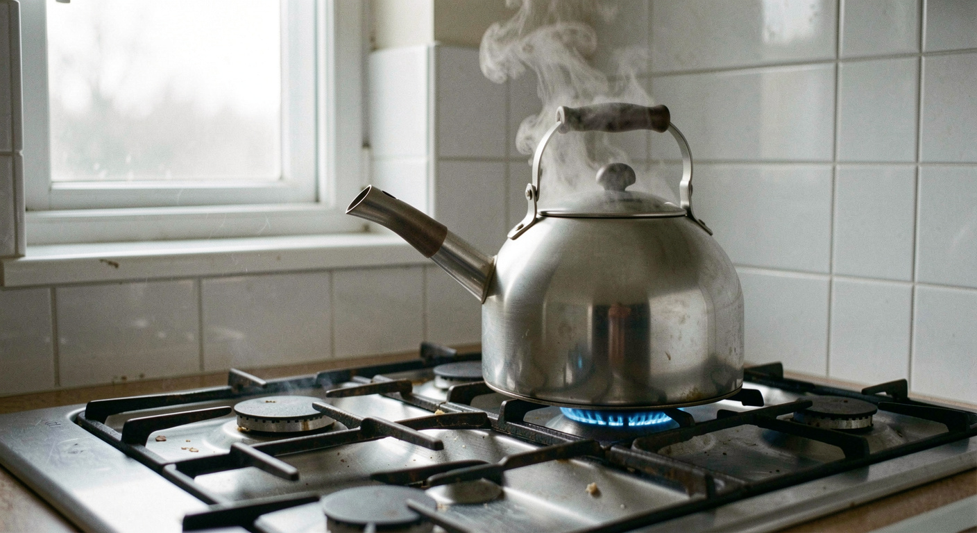 A stainless kettle steaming on a gas hob in a small kitchen at first light, pale grey window light on white tiles behind, framed close from the side