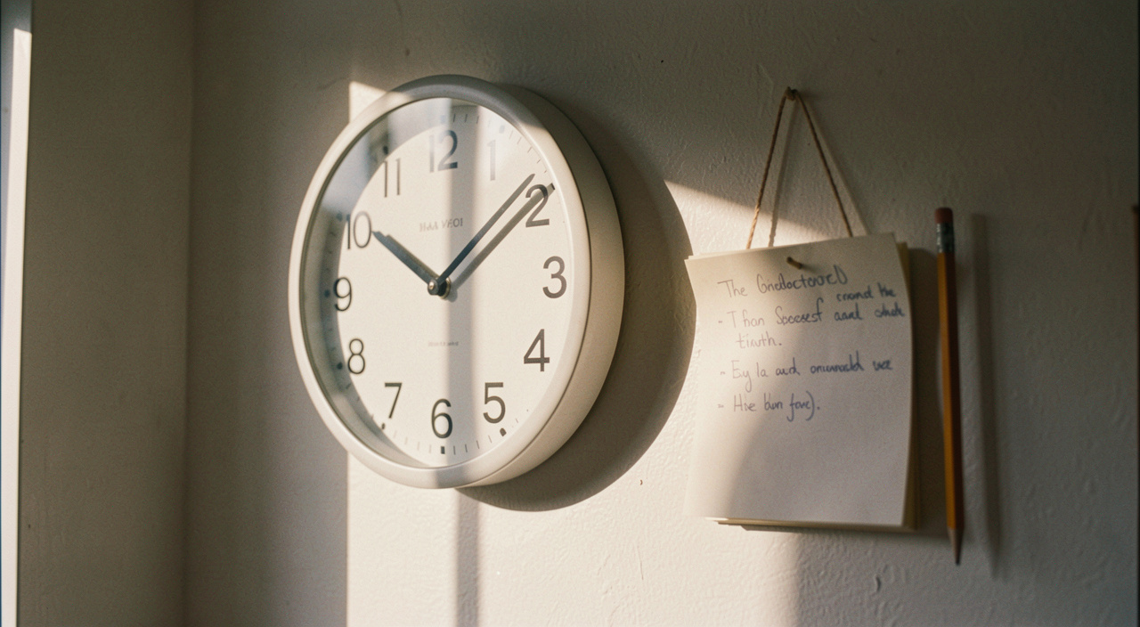 A plain white wall clock beside a small paper notepad hanging on a kitchen wall, pencil on a string, late afternoon sun cutting across at an angle, close framing