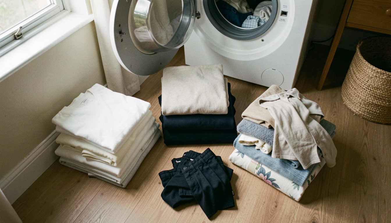 Three piles of laundry sorted on a bedroom floor, whites, darks and a small pile of woollens, an open washing machine door behind, soft morning light from a window on the left, shot from above
