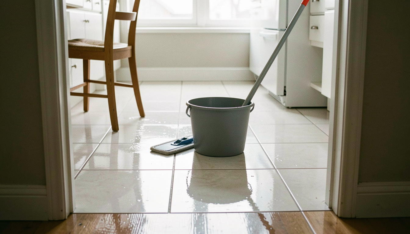 A flat mop and a grey bucket standing on a wet kitchen floor with clean tiles reflecting the window, a chair pulled aside, bright midday light, wide shot from the doorway
