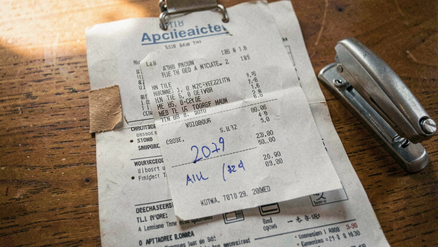 A printed till receipt stapled to the front cover of an appliance manual on a wooden table, a date and a price written on the cover in blue pen, a stapler beside it, warm daylight from the left, close shot from above