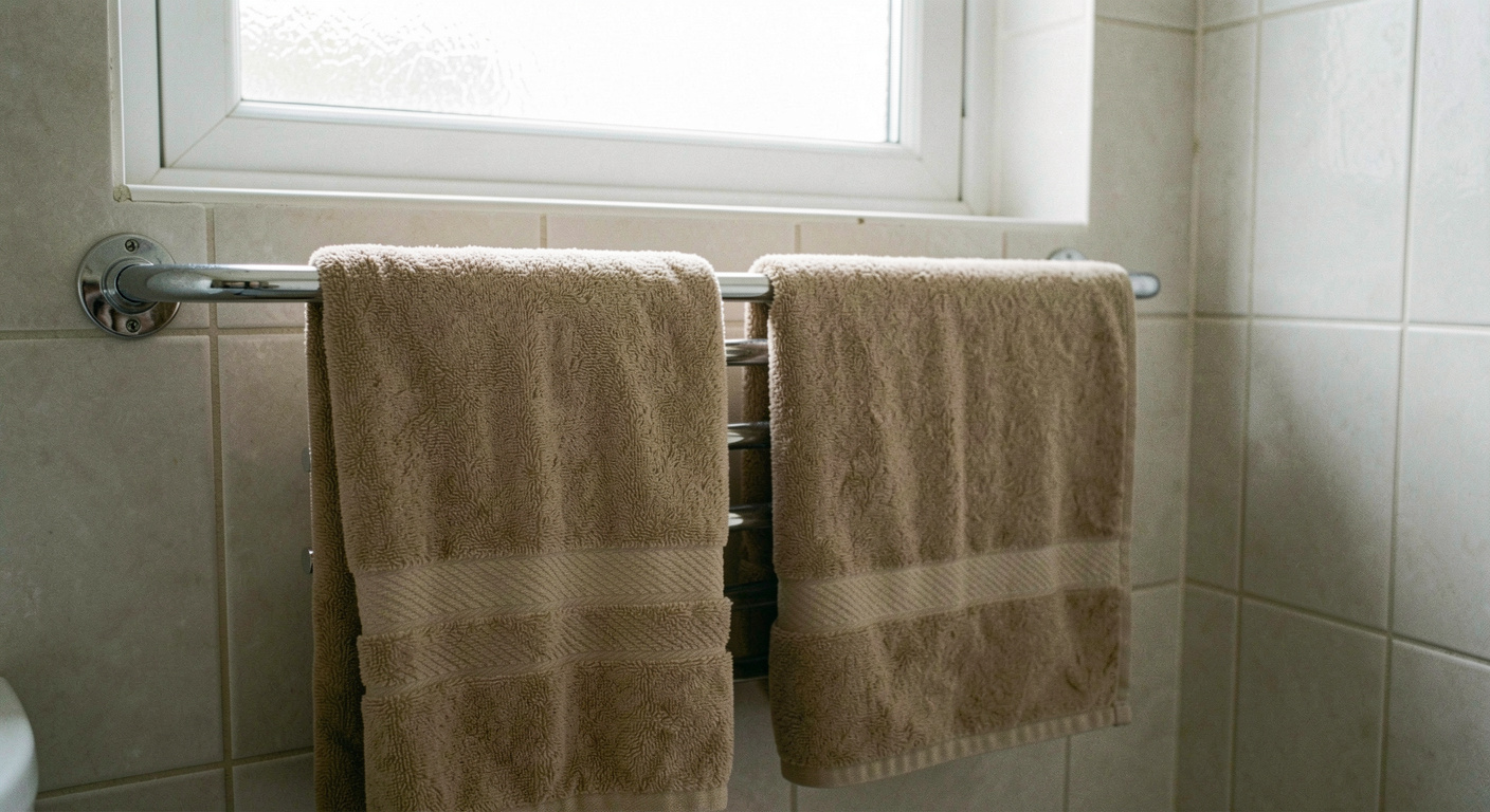 Two bath towels hung spread out across a chrome heated rail in a small bathroom rather than folded over it, tiled wall behind, bright daylight from a frosted window, shot straight on