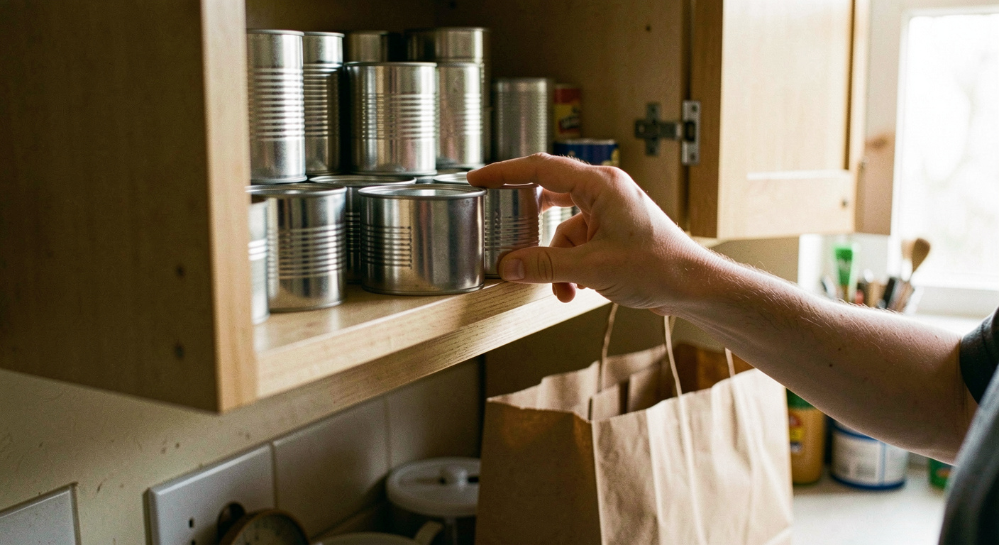 A hand sliding two tins forward on a cupboard shelf while placing new tins behind them, a paper shopping bag on the worktop below, warm kitchen light from the right, close shot level with the shelf