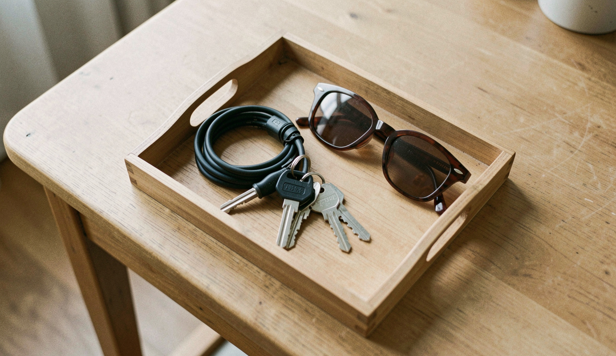 A small wooden tray on a hall table holding two sets of keys, a coiled charger cable and a pair of sunglasses, bare table around it, soft daylight from the side, close shot from above at an angle