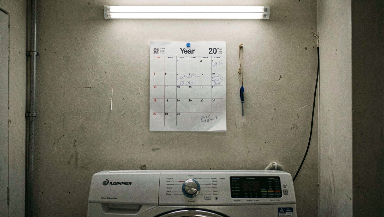 A paper year planner pinned to a utility room wall above a washing machine, a few weeks marked in pencil, a pen hanging on string beside it, flat overhead light, shot straight on